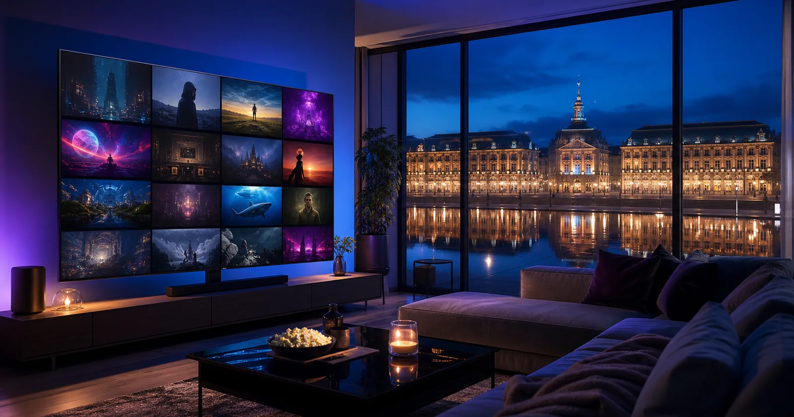 IPTV Bordeaux dans un salon moderne avec vue sur la place de la Bourse et le Miroir d’eau