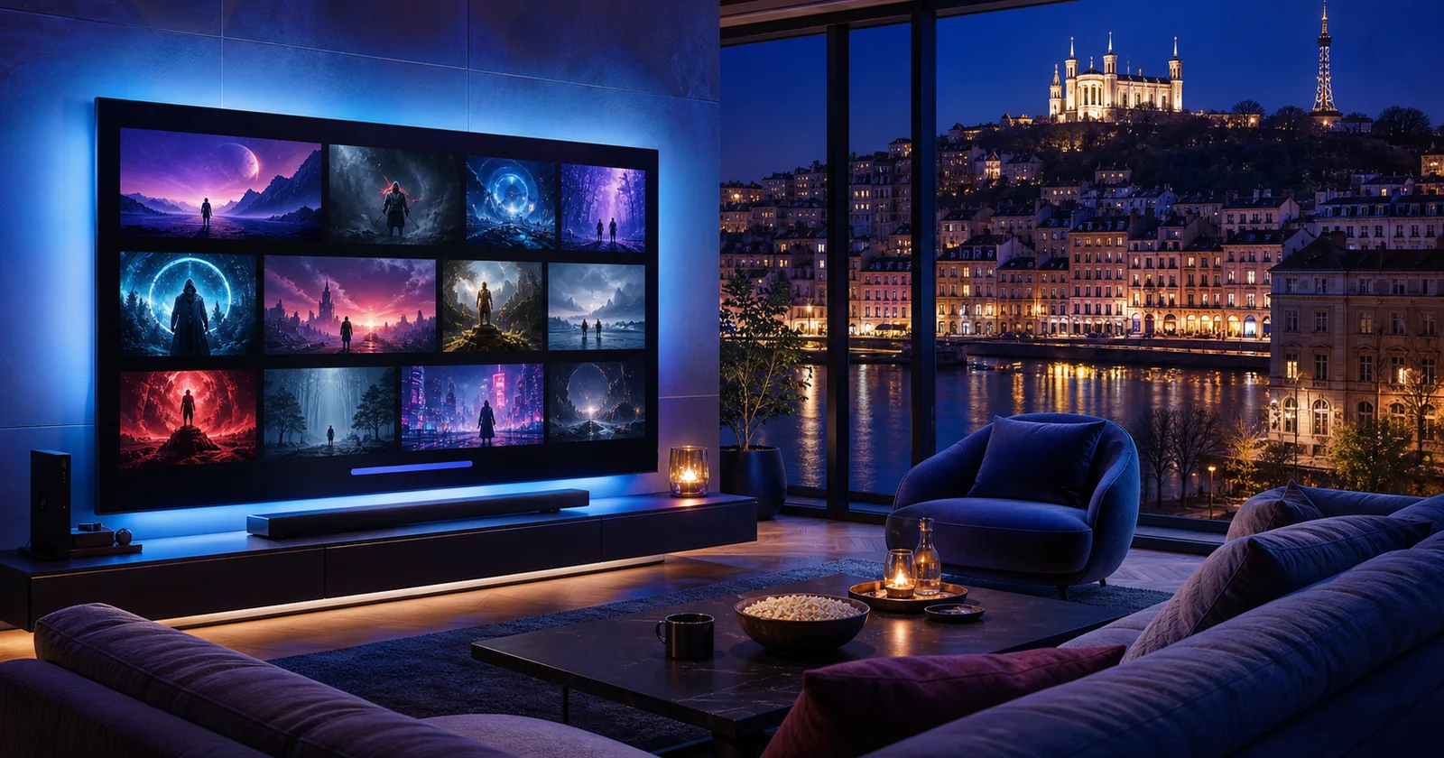 IPTV Lyon dans un salon moderne avec vue sur Fourvière et les quais lyonnais