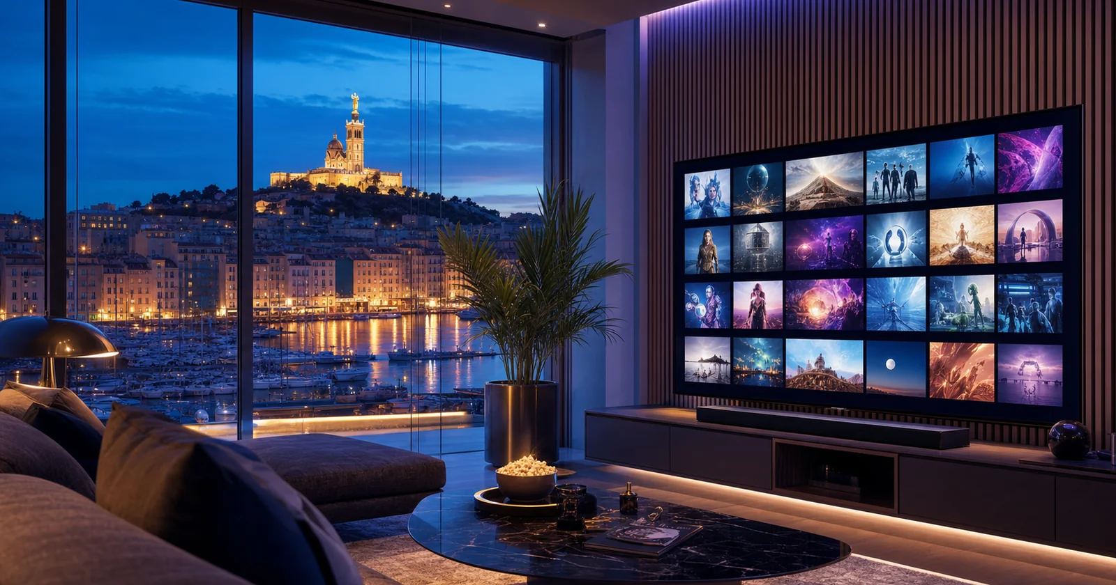 IPTV Marseille dans un salon moderne avec vue sur le Vieux-Port et Notre-Dame de la Garde