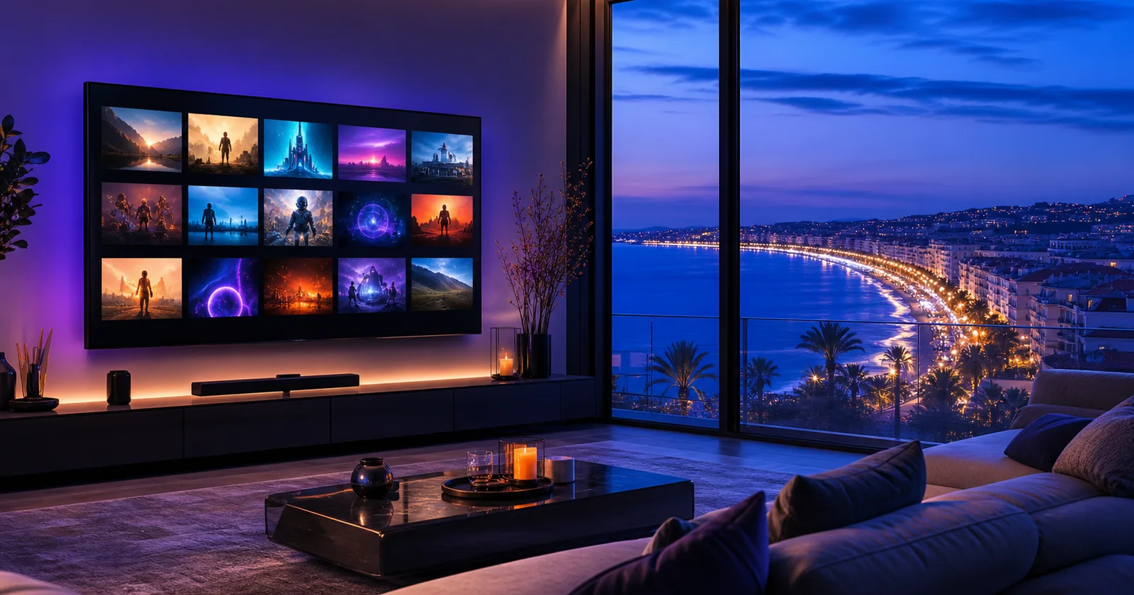 IPTV Nice dans un salon moderne avec vue sur la Promenade des Anglais et la Baie des Anges