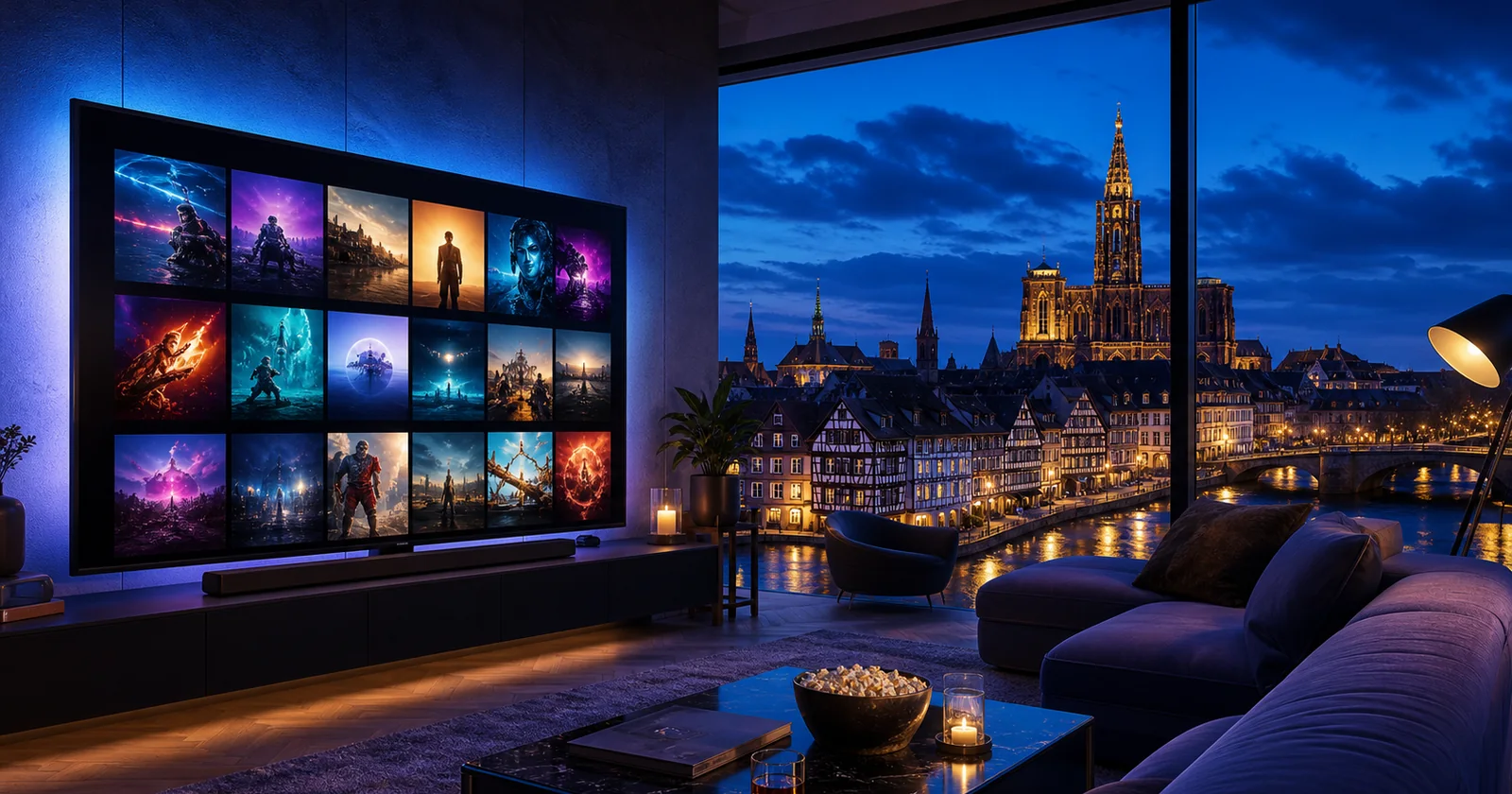 IPTV Strasbourg dans un salon moderne avec vue sur la cathédrale et les maisons de la Petite France