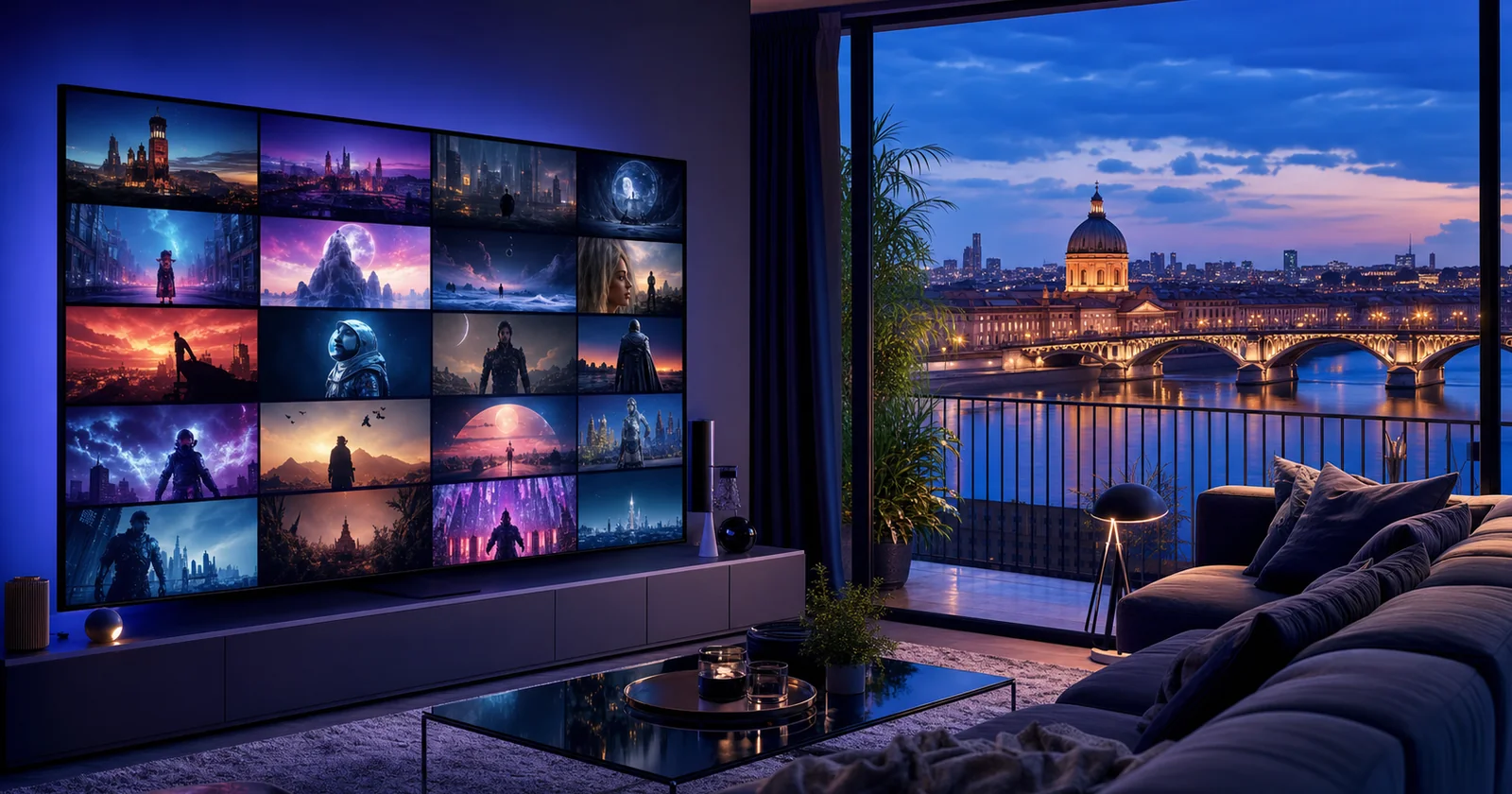 IPTV Toulouse dans un salon moderne avec vue sur la Garonne, le Pont-Neuf et la ville rose